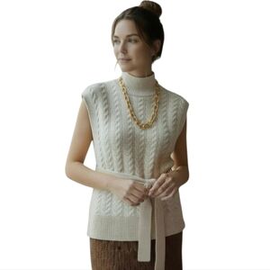 RW Cream Herringbone Knit Mock Neck Poncho Sleeveless Sweater w Belt fits S to M